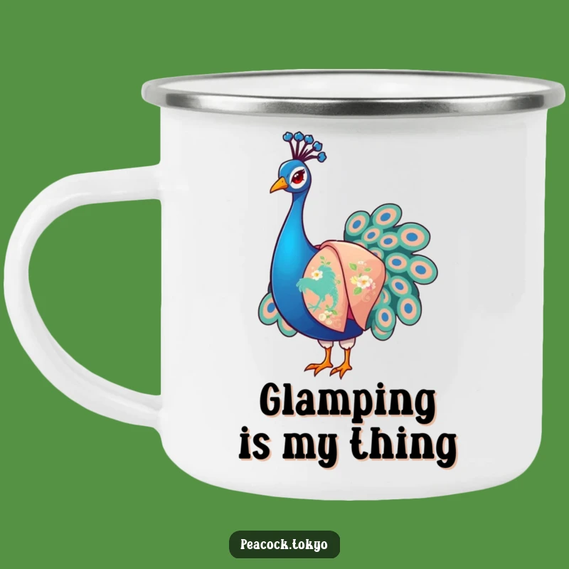 Funny Peacock Kimono Camping Mug: Rugged Artwear for Outdoor Humor
