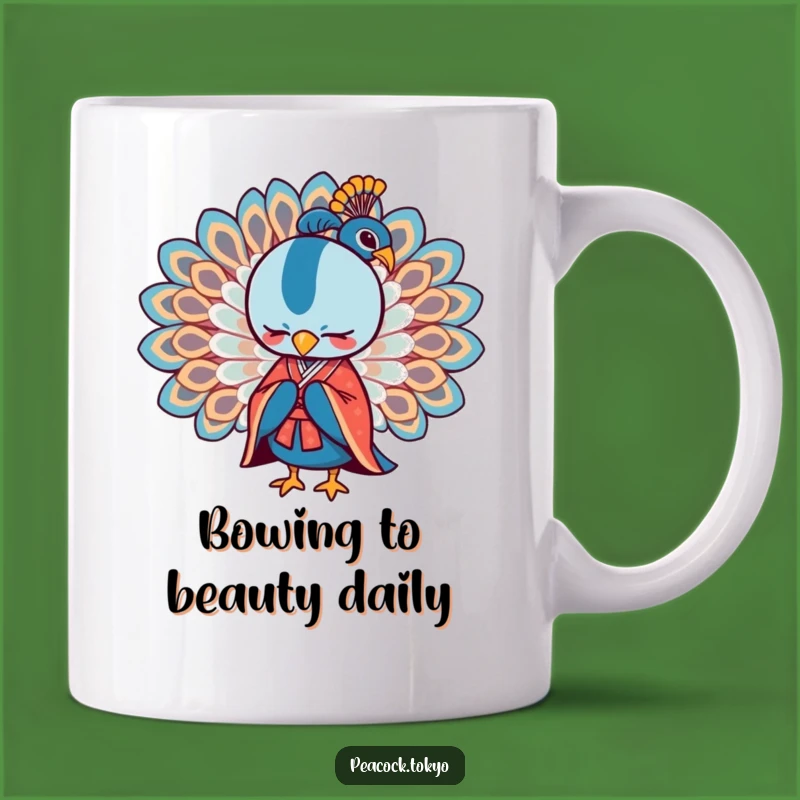 Funny Stylised Peacock Kimono Mug - Elegant Humorous Gift for Connoisseurs