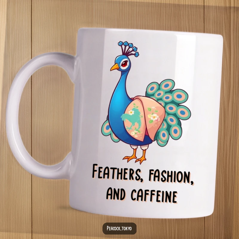 Funny Peacock Mug: A stylish bird in an embroidered kimono arranging sleeves, showcasing artistic flair and humor.
