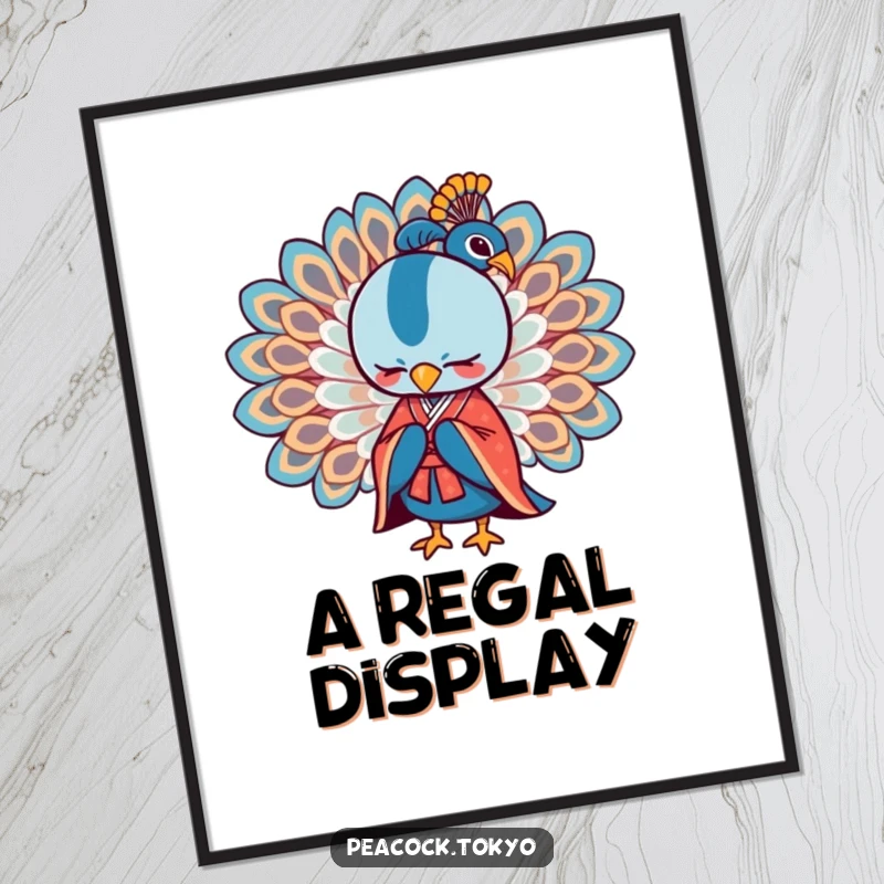Funny digital art print of a stylized peacock in a formal kimono bowing with wings spread, offering elegant humor.