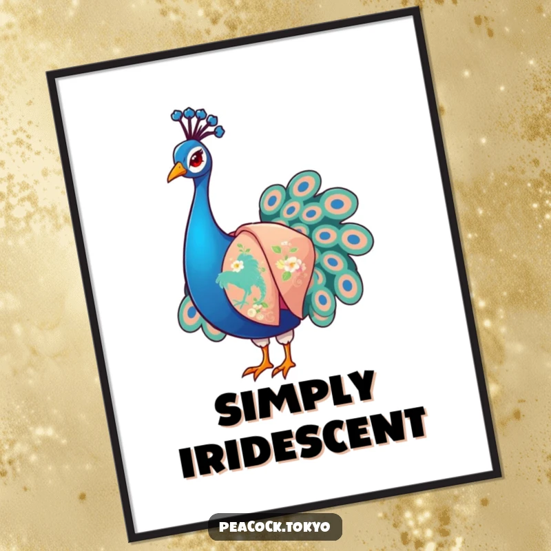 Funny Peacock Poster: Stylized peacock adjusting elegant embroidered kimono sleeves; a piece of humorous, artistic wall decor.