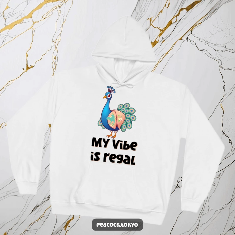 Funny Peacock Hoodie: A chic peacock in a detailed embroidered kimono, adjusting its sleeves, offering a humorous and warm fashion statement.