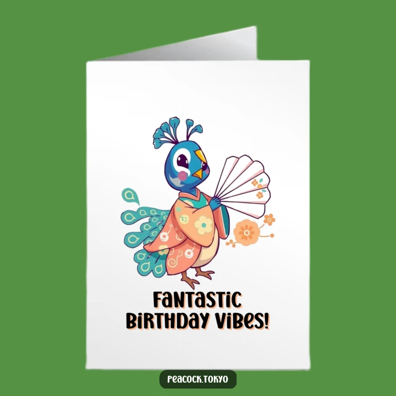 Free Printable Birthday Card: Fun Peacock Kimono Fan Balance for a Playful Celebration