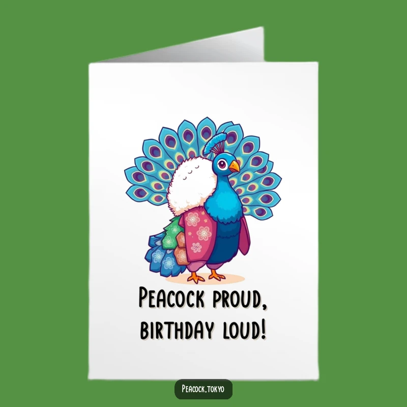 Free Printable Birthday Card: Peacock in Kimono Fanning Feathers - Funny Downloadable Greeting
