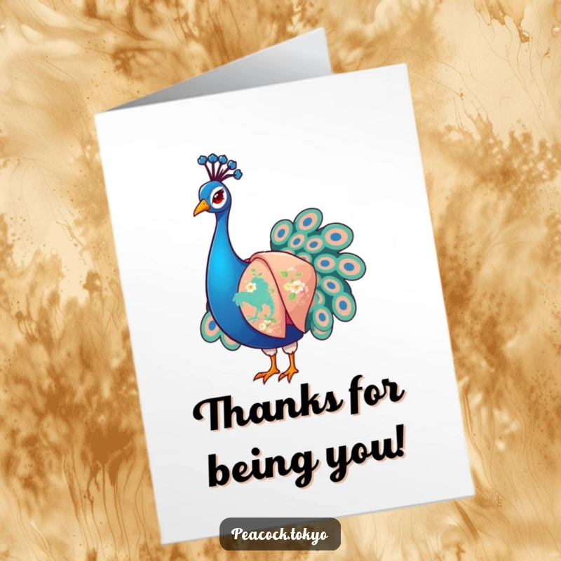 Funny Free Printable Thank You Card: A stylish peacock in an embroidered kimono, adjusting sleeves humorously.
