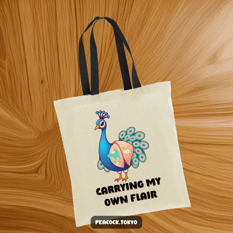 Funny Peacock Tote Bag: A stylized peacock in an embroidered kimono, arranging sleeves; a humorous and artistic accessory for daily use.